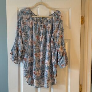 Cupio Blue Floral Blouse with White and Pink Accents